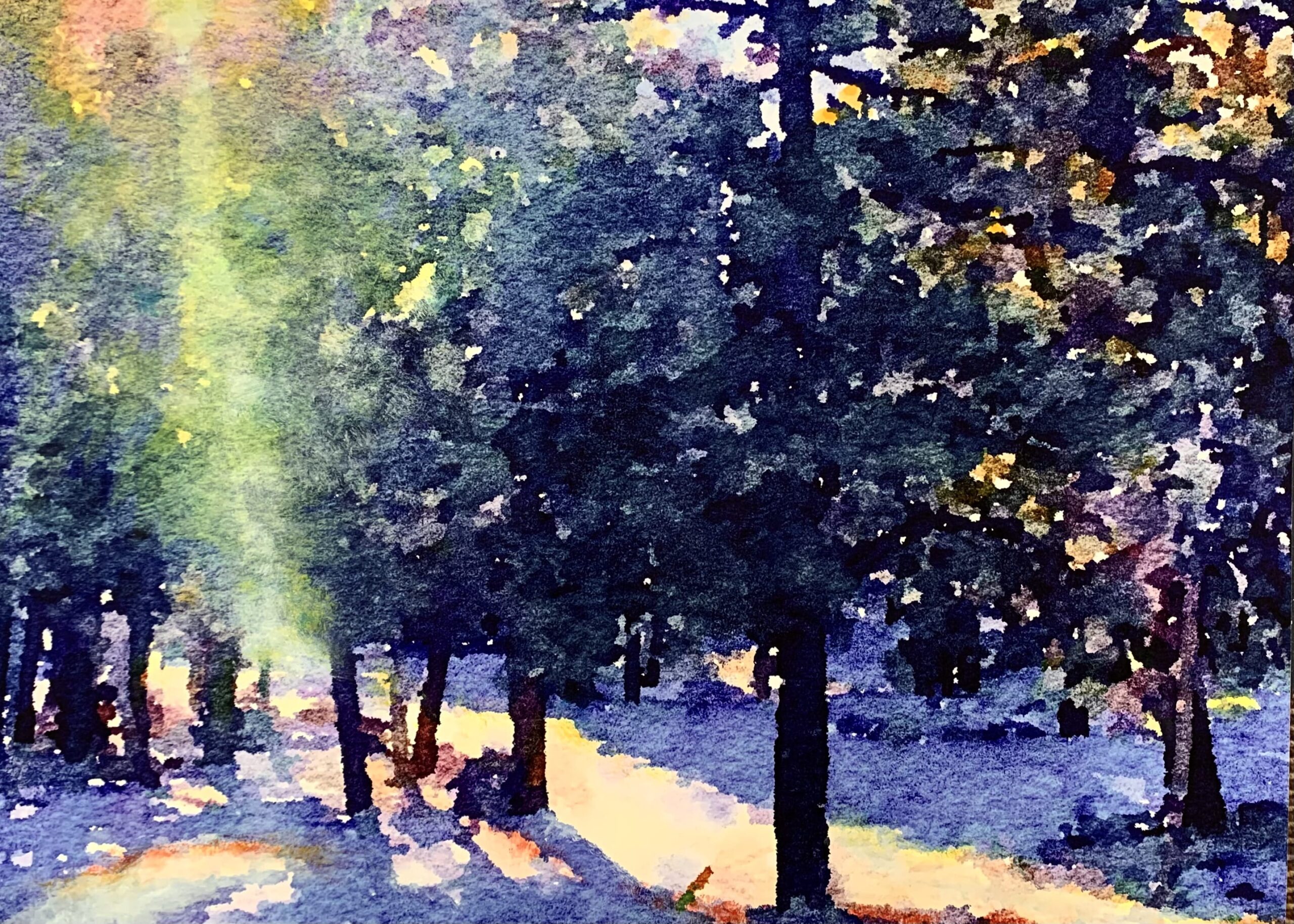 Photography/watercolor of sunlight through trees